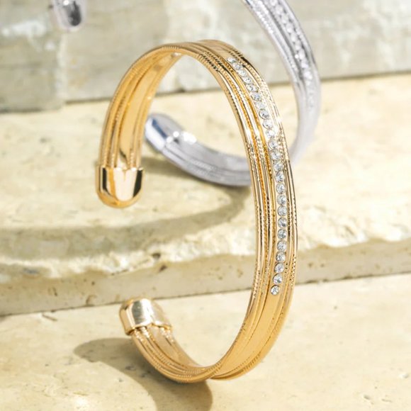 Pave Charm and Metal Textured Cuff Bracelet - Picture 2 of 3